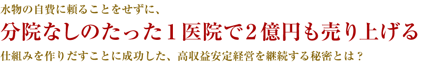 水物の自費に頼ることをせずに、分院なしのたった１医院で２億円も売り上げる仕組みを作りだすことに成功した、高収益安定経営を継続する秘密とは？