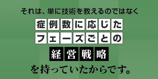 それは、単に技術を教えるのではなく症例数に応じたフェーズごとの経営戦略を持っていたからです。
