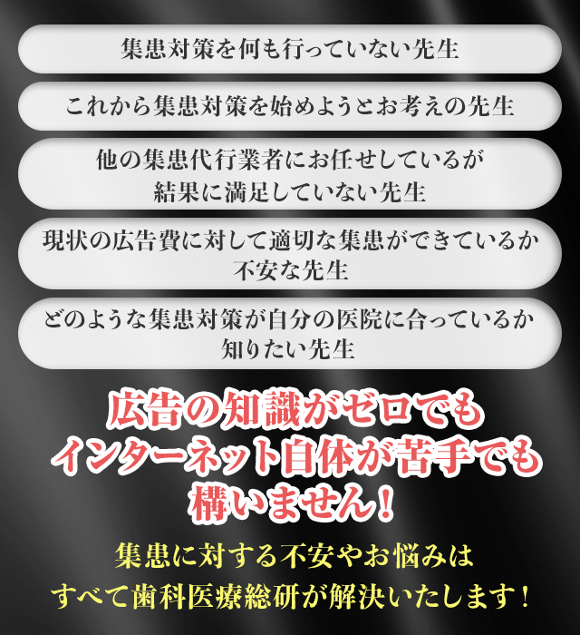 集患に対する不安やお悩みはすべて歯科医療総研が解決いたします！
