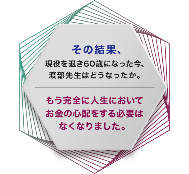 その結果、現役を退き60歳になった今、渡部先生はどうなったか。もう完全に人生においてお金の心配をする必要はなくなりました。