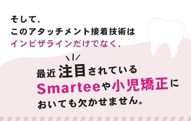そして、このアタッチメント接着技術はインビザラインだけでなく、最近注目されているSmarteeや小児矯正においても欠かせません。