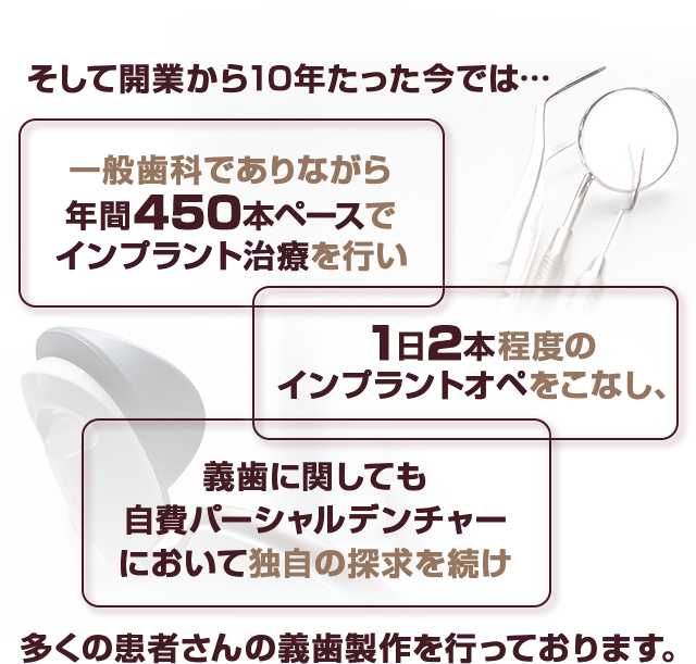 そして開業から10年たった今では･･一般歯科でありながら年間450本ペースでインプラント治療を行い１日２本程度のインプラントオペをこなし、義歯に関しても自費パーシャルデンチャーにおいて独自の探求を続け多くの患者さんの義歯製作を行っております。