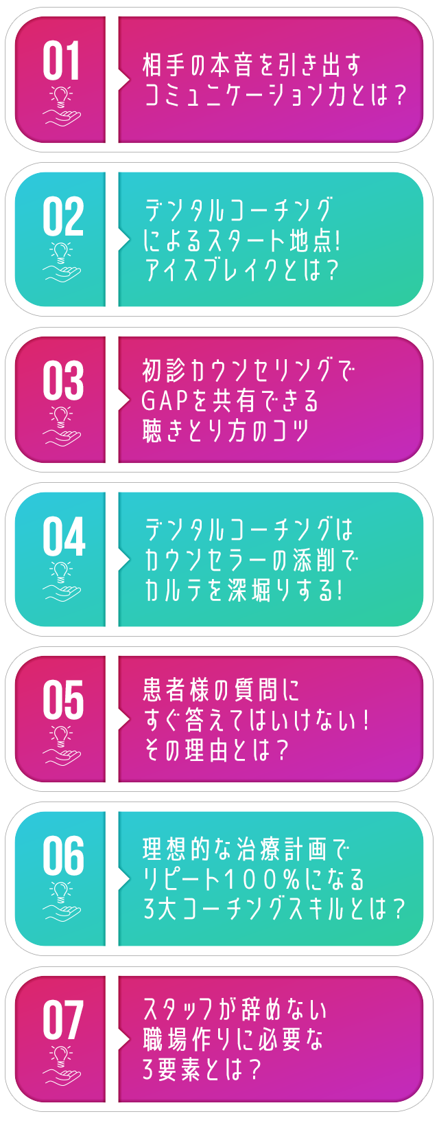 ☑ 相手の本音を引き出すコミュニケーション力とは？
☑ デンタルコーチングによるスタート地点!アイスブレイクとは？
☑ 初診カウンセリングでGAPを共有できる聴きとり方のコツ
☑デンタルコーチングはカウンセラーの添削でカルテを深堀りする!
☑ 患者様の質問にすぐ答えてはいけない！その理由とは？
☑ 理想的な治療計画でリピート１００％になる
3大コーチングスキルとは？
☑スタッフが辞めない職場作りに必要な3要素とは？