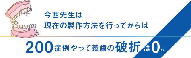 今西先生は現在の製作方法を行ってからは200症例やって義歯の破折は0。