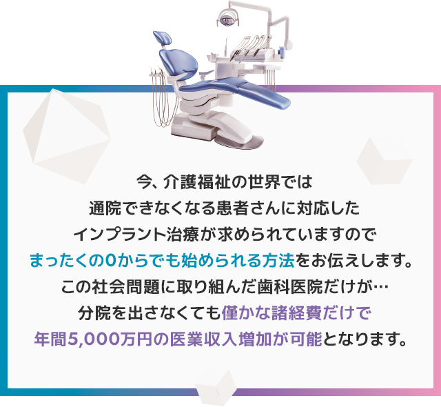 “今、介護福祉の世界では通院できなくなる患者さんに対応したインプラント治療が求められていますのでまったくの0からでも始められる方法をお伝えします。この社会問題に取り組んだ歯科医院だけが…分院を出さなくても僅かな諸経費だけで年間5,000万円の医業収入増加が可能となります。”