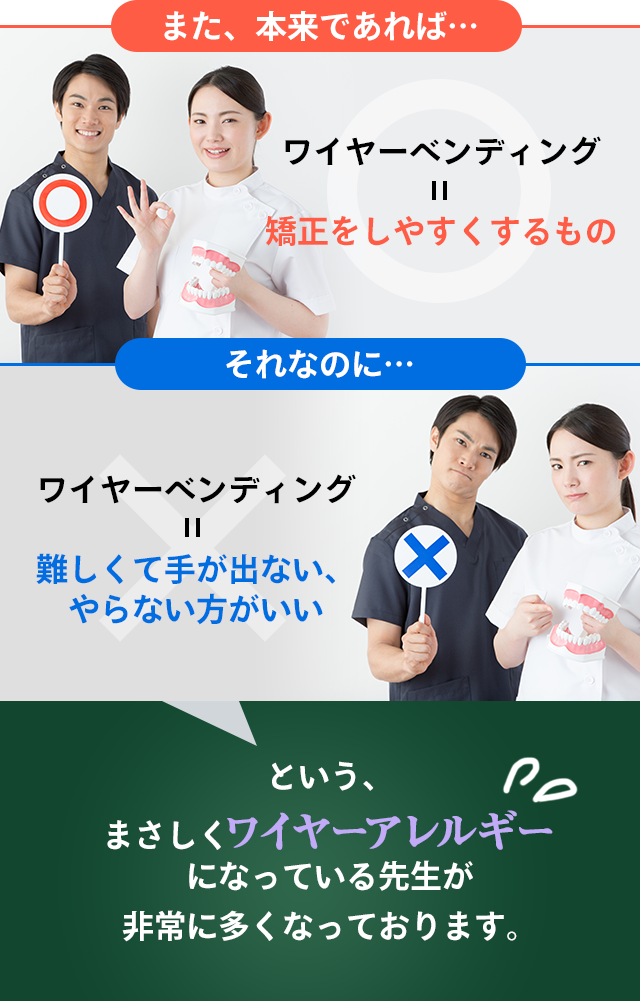 また、本来であれば…、
                ワイヤーベンディング＝矯正をしやすくするもの
                それなのに、
                ワイヤーベンディング＝難しくて手が出ない、やらない方がいい
                という、まさしくワイヤーアレルギーになっている先生が非常に多くなっております。