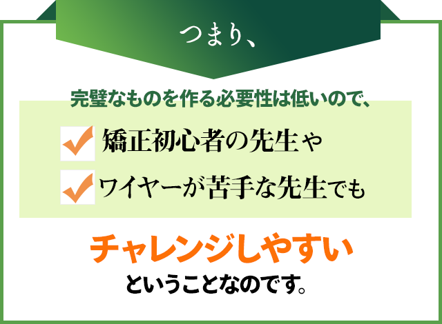 つまり、完璧なものを作る必要性は低いので、矯正初心者の先生やワイヤーが苦手な先生でもチャレンジしやすいということなのです