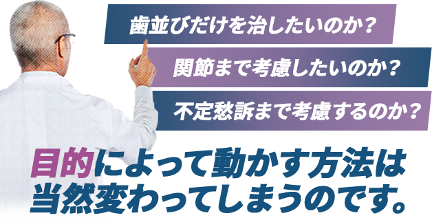 歯並びだけを治したいのか？関節まで考慮したいのか？
不定愁訴まで考慮するのか？目的によって動かす方法は当然変わってしまうのです。