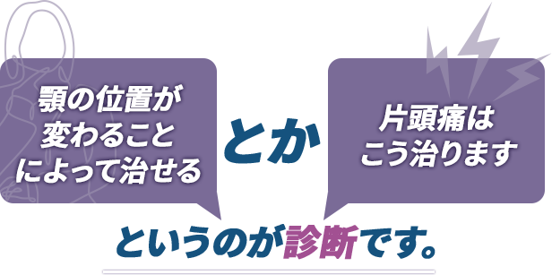 「顎の位置が変わることによって治せる」とか
「片頭痛はこう治ります」というのが診断です。