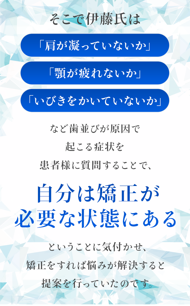 そこで伊藤氏は「肩が凝っていないか」「顎が疲れないか」「いびきをかいていないか」など歯並びが原因で起こる症状を患者様に質問することで、「自分は矯正が必要な状態にある」ということに気付かせ、矯正をすれば悩みが解決すると提案を行っていたのです。