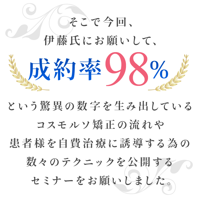 そこで今回、伊藤氏にお願いして、成約率98％という驚異の数字を生み出しているコスモルソ矯正の流れや患者様を自費治療に誘導する為の数々のテクニックを公開するセミナーをお願いしました。