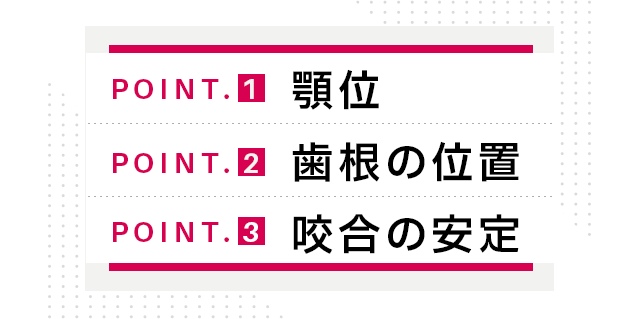 ①顎位②歯根の位置③咬合の安定