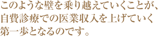 このような壁を乗り越えていくことが、自費診療での医業収入を上げていく第一歩となるのです。