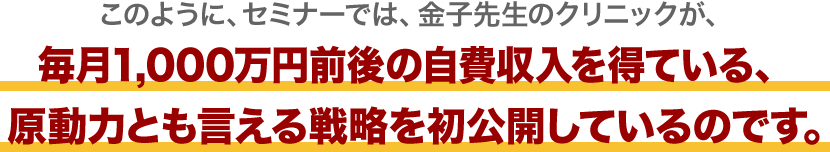 このように、セミナーでは、金子先生のクリニックが、毎月1000万円前後の自費収入を得ている、原動力とも言える戦略を初公開しているのです。