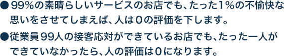 ●９９％の素晴らしいサービスのお店でも、たった1％の不愉快な思いをさせてしまえば、人は０の評価を下します。●従業員９９人の接客応対ができているお店でも、たった一人ができていなかったら、人の評価は０になります。