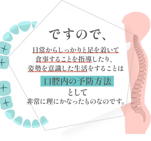 ですので、日常からしっかりと足を着いて食事すること指導をしたり、姿勢を意識した生活をすることは口腔内の予防方法として非常に理にかなったものなのです。