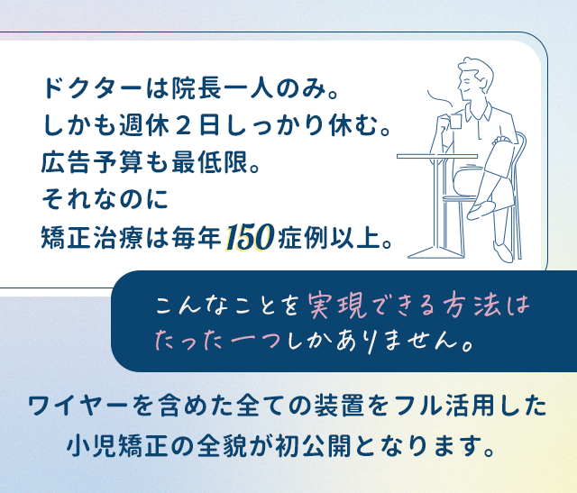 “ドクターは院長一人のみ。しかも週休２日しっかり休む。広告予算も最低限。それなのに矯正治療は毎年150症例以上。こんなことを実現できる方法はたった一つしかありません。ワイヤーを含めた全ての装置をフル活用した小児矯正の全貌が初公開となります。”
