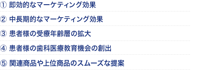 ①即効的なマーケティング効果②中長期的なマーケティング効果③患者様の受療年齢層の拡大④患者様の歯科医療教育機会の創出⑤関連商品や上位商品のスムーズな提案