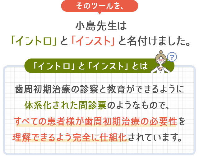 そのツールを、小島先生は「イントロ」と「インスト」と名付けました。「イントロ」と「インスト」とは歯周初期治療の診察と教育ができるように体系化された問診票のようなもので、すべての患者様が歯周初期治療の必要性を理解できるよう完全に仕組化されています。