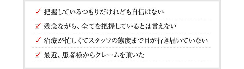 突然ですが、院長先生に質問があります。Q.受付スタッフの患者様に対する態度を把握されていらっしゃいますか？