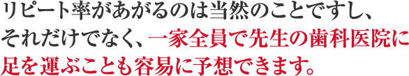 リピート率があがるのは当然のことですし、それだけでなく、一家全員で先生の歯科医院に足を運ぶことも容易に予想できます。