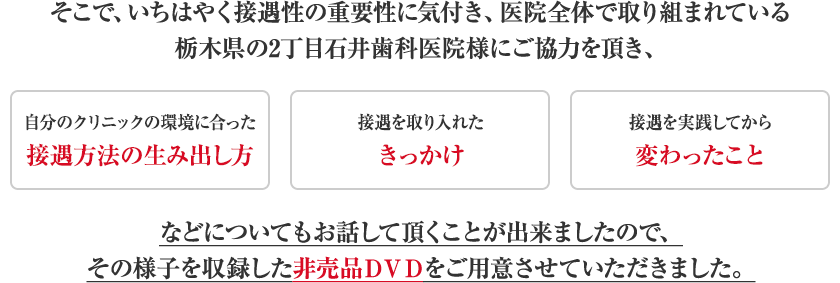 そこで、いちはやく接遇性の重要性に気付き、医院全体で取り組まれている栃木県の2丁目石井歯科医院様にご協力を頂き「自分のクリニックの環境に合った接遇方法の生み出し方」「接遇を取り入れたきっかけ」「接遇を実践してから変わったこと」などについてもお話して頂くことが出来ましたので、その様子を収録した非売品ＤＶＤをご用意させていただきました。