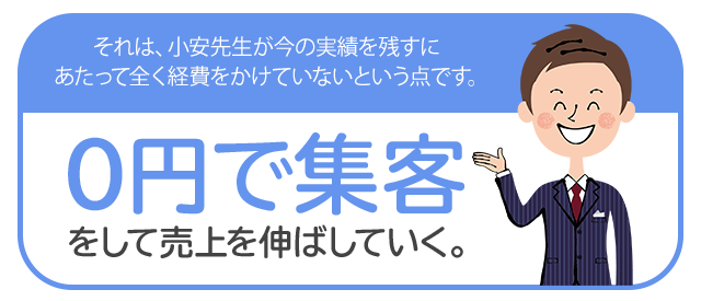 それは、小安先生が今の実績を残すにあたって全く経費をかけていないという点です。0円で集客をして売上を伸ばしていく。