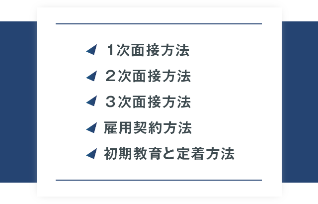 ●１次面接方法●２次面接方法●３次面接方法●雇用契約方法●初期教育と定着方法