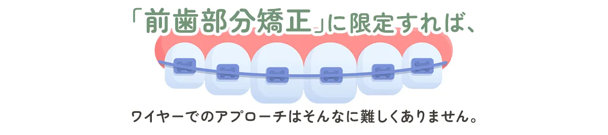 「前歯部分矯正」に限定すれば、ワイヤーでのアプローチはそんなに難しくありません。