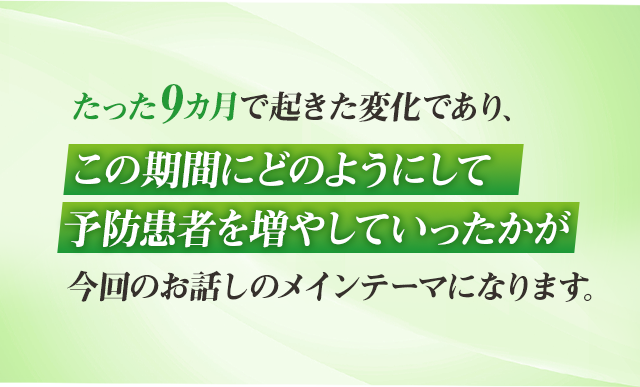 たった9カ月で起きた変化であり、この期間にどのようにして予防患者を増やしていったかが今回のお話しのメインテーマになります。