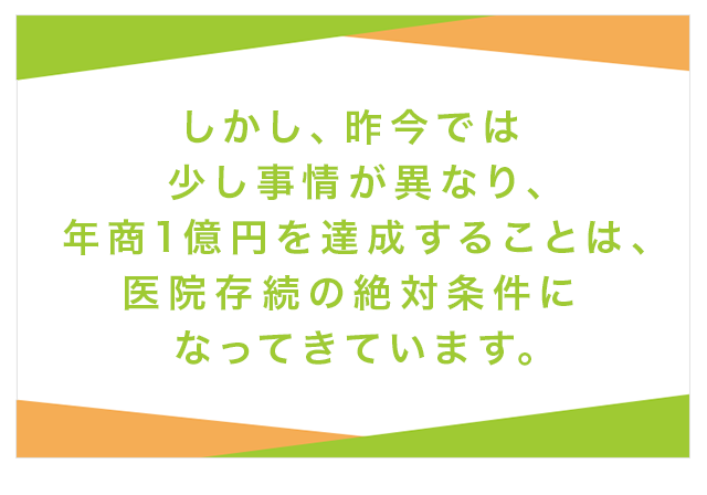 しかし、昨今では少し事情が異なり、年商1億円を達成することは、医院存続の絶対条件になってきています。