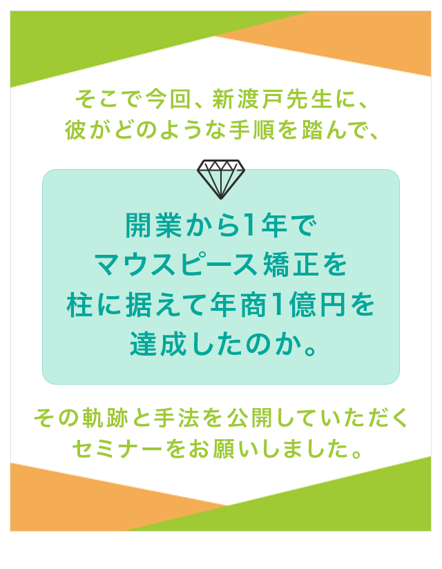 そこで今回、新渡戸先生に、彼がどのような手順を踏んで、開業から1年でマウスピース矯正を柱に据えて年商1億円を達成したのか。その軌跡と手法を公開していただくセミナーをお願いしました。