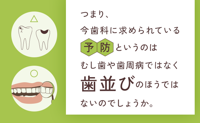 つまり、今歯科に求められている予防というのは
むし歯や歯周病ではなく歯並びのほうではないのでしょうか。
