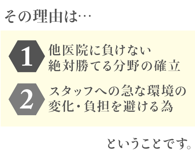 その理由は…①他医院に負けない絶対勝てる分野の確立②スタッフへの急な環境の変化・負担を避ける為ということです。