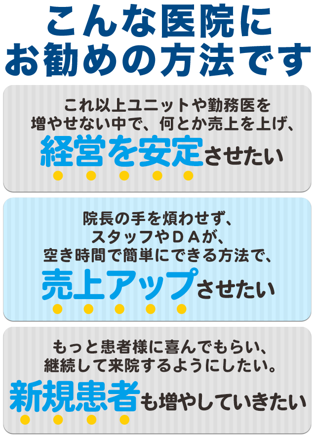 こんな医院にお勧めの方法です●これ以上ユニットや勤務医を増やせない中で、何とか売上を上げ、経営を安定させたい●院長の手を煩わせず、スタッフやＤＡが、空き時間で簡単にできる方法で、売上アップさせたい