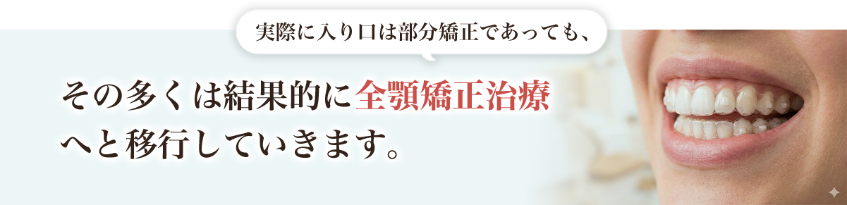 実際に入り口は部分矯正であっても、その多くは結果的に全顎矯正治療へと移行していきます。