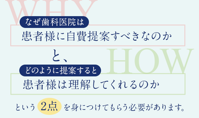 「なぜ歯科医院は患者様に自費提案すべきなのか」と、「どのように提案すると患者様は理解してくれるのか」という2点を身につけてもらう必要があります。