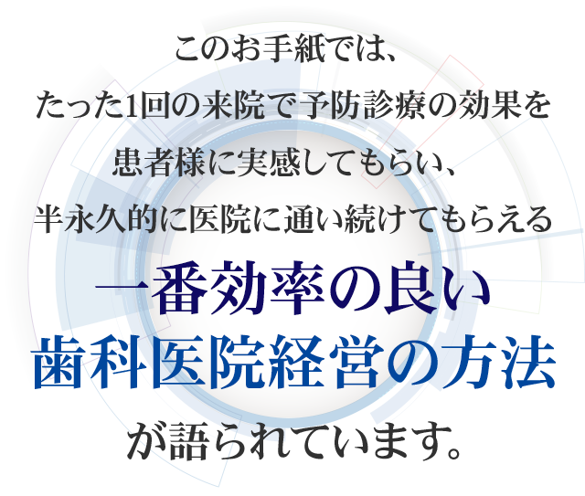 このお手紙では、たった1回の来院で予防診療の効果を患者様に実感してもらい、半永久的に医院に通い続けてもらえる『一番効率の良い歯科医院経営の方法』が語られています。