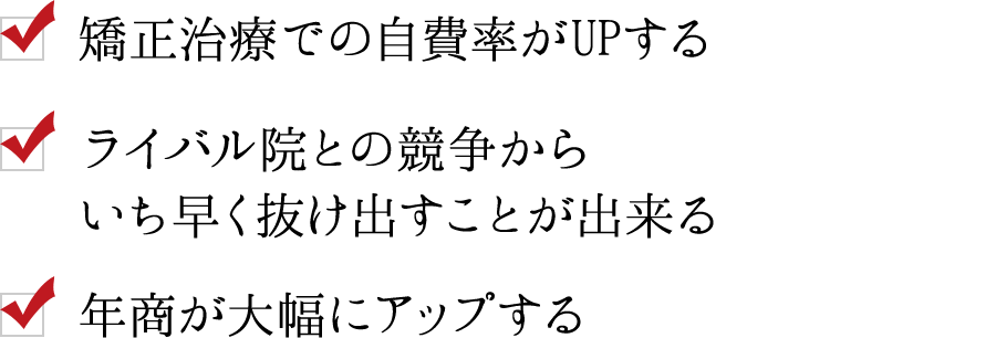 ・矯正治療での自費率がUPする　・ライバル院との競争からいち早く抜け出すことが出来る　・年商が大幅にアップする