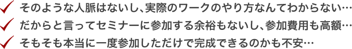 そのような人脈はないし、実際のワークのやり方なんてわからない…だからと言ってセミナーに参加する余裕もないし、参加費用も高額…
そもそも本当に一度参加しただけで完成できるのかも不安…