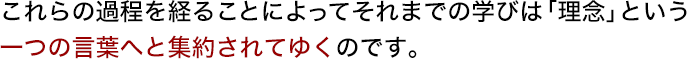 これらの過程を経ることによってそれまでの学びは「理念」という一つの言葉へと集約されてゆくのです。