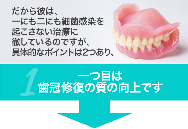 だから彼は、一にも二にも細菌感染を起こさない治療に徹しているのですが、具体的なポイントは2つあり、一つ目は歯冠修復の質の向上です。