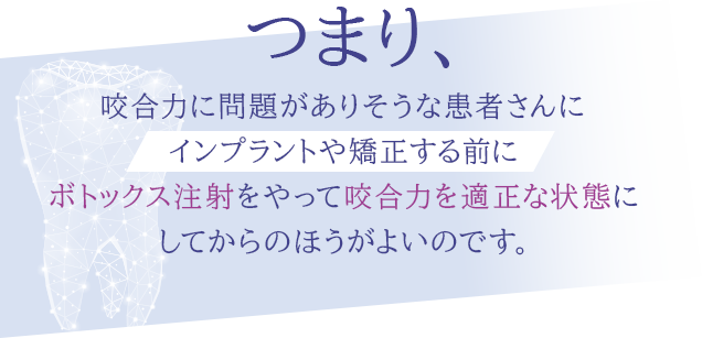 つまり、咬合力に問題がありそうな患者さんにインプラントや矯正する前にボトックス注射をやって咬合力を適正な状態にしてからのほうがよいのです。