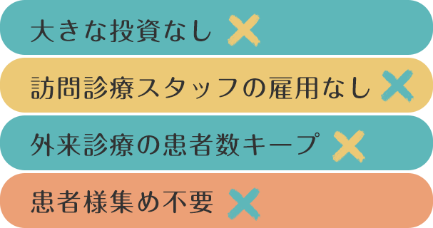 〇大きな投資なし〇訪問診療スタッフの雇用なし〇外来診療の患者数キープ〇患者様集め不要