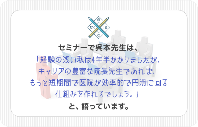 セミナーで呉本先生は「経験の浅い私は4年半かかりましたが、キャリアの豊富な院長先生であれば、もっと短期間で医院を円滑が効率的に回る仕組みを作れるでしょう。また、当然ですが、私にも出来たのですから、院長先生に出来ないはずはありません」と断言しています。