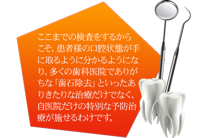 ここまでの検査をするからこそ、患者様の口腔状態が手に取るように分かるようになり、多くの歯科医院でありがちな「歯石除去」といったありきたりな治療だけでなく、自医院だけの特別な予防治療が施せるわけです。