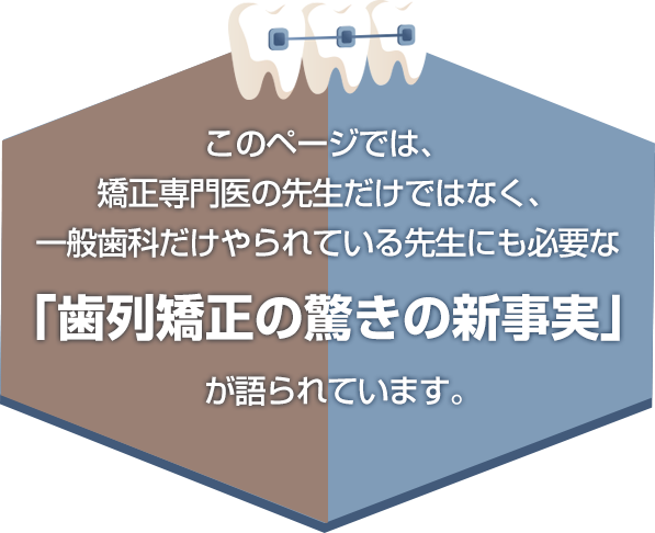 “このページでは、矯正専門医の先生だけではなく、一般歯科だけやられている先生にも必要な「歯列矯正の驚きの新事実」が語られています。”