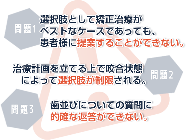 ●選択肢として矯正治療がベストなケースであっても、患者様に提案することができない。●治療計画を立てる上で咬合状態によって選択肢が制限される。●歯並びについての質問に的確な返答ができない。