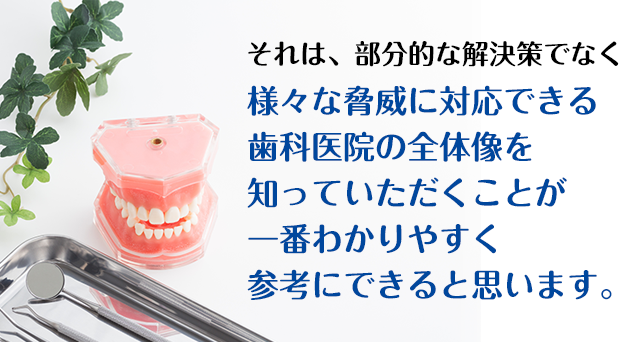 それは、部分的な解決策でなく様々な脅威に対応できる歯科医院の全体像を知っていただくことが一番わかりやすく参考にできると思います。