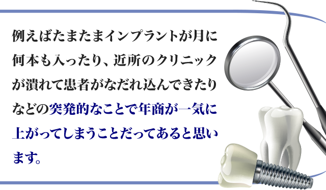 例えばたまたまインプラントが月に何本も入ったり、近所のクリニックが潰れて患者がなだれ込んできたりなどの突発的なことで年商がいっきに上がってしまうことだってあると思います。